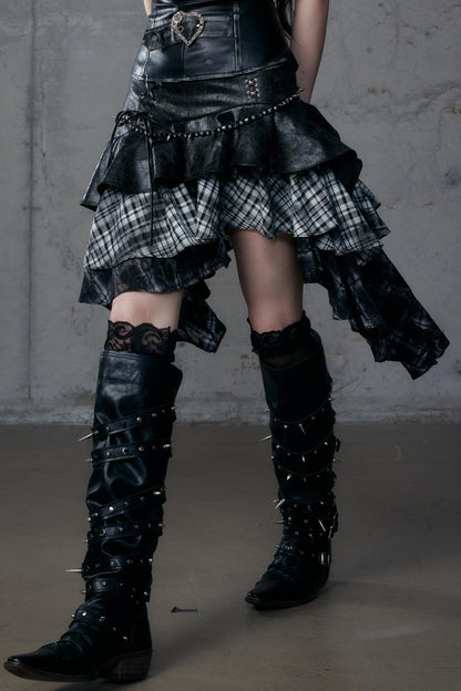 Dark Retro Plaid Leather Skirt