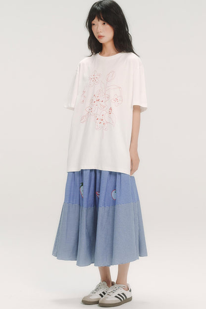 Blue Check Elastic Waist Skirt