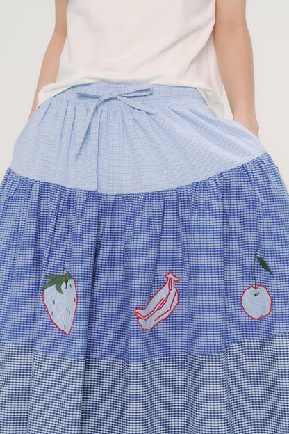 Blue Check Elastic Waist Skirt