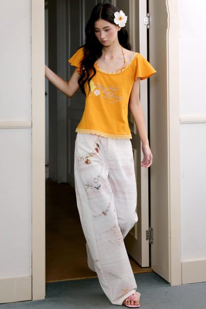 Orange Floral Ruffle Two-Piece Ensemble Set-Up