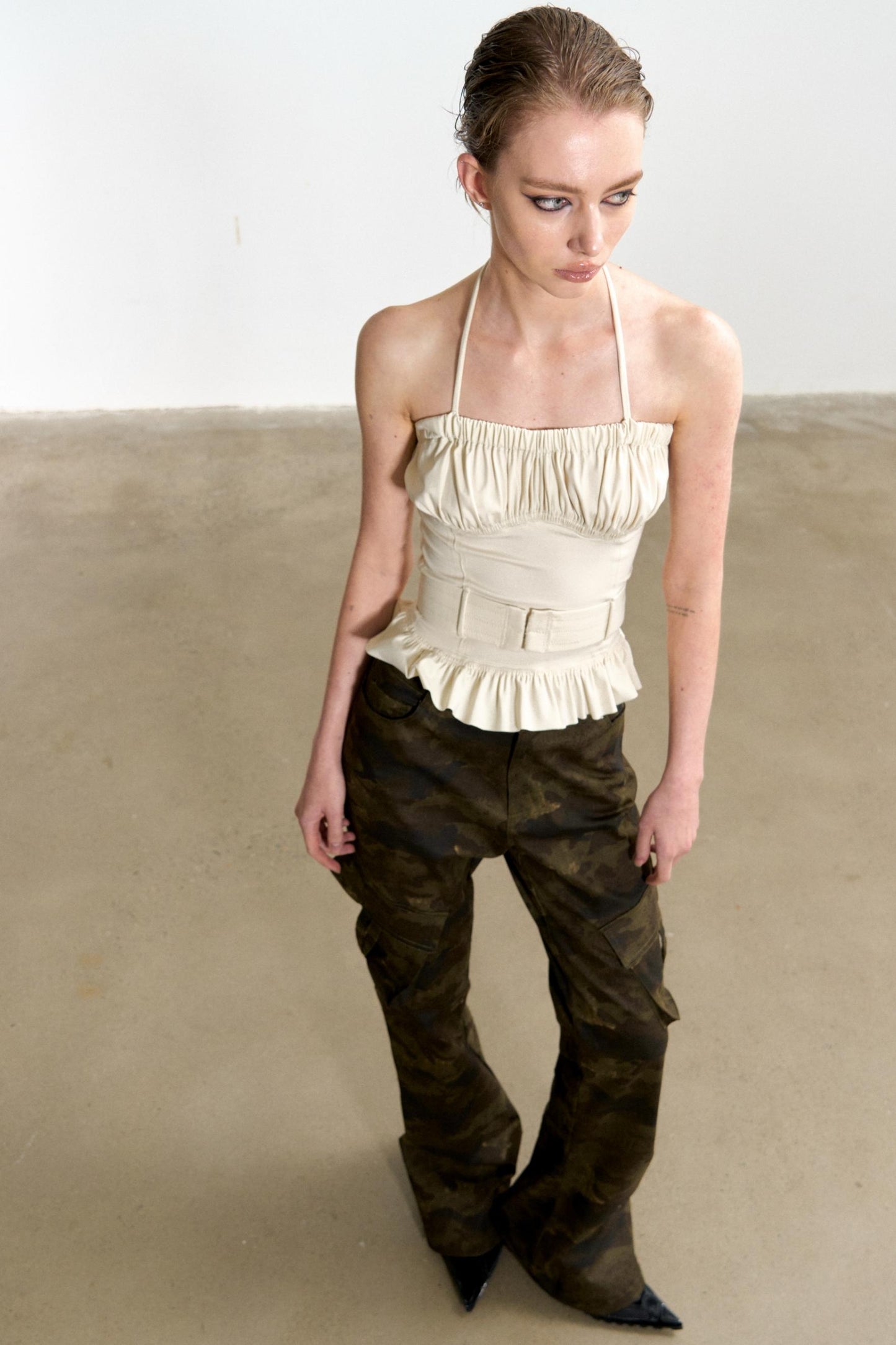 Beige Ruffled Sheath Top