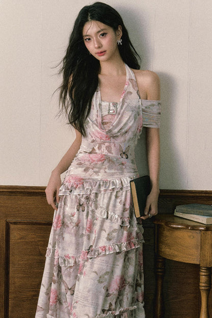 Rose Butterfly One Shoulder Mesh Dress