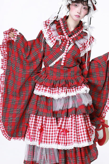 Red Plaid Kimono-Style Yukata Top