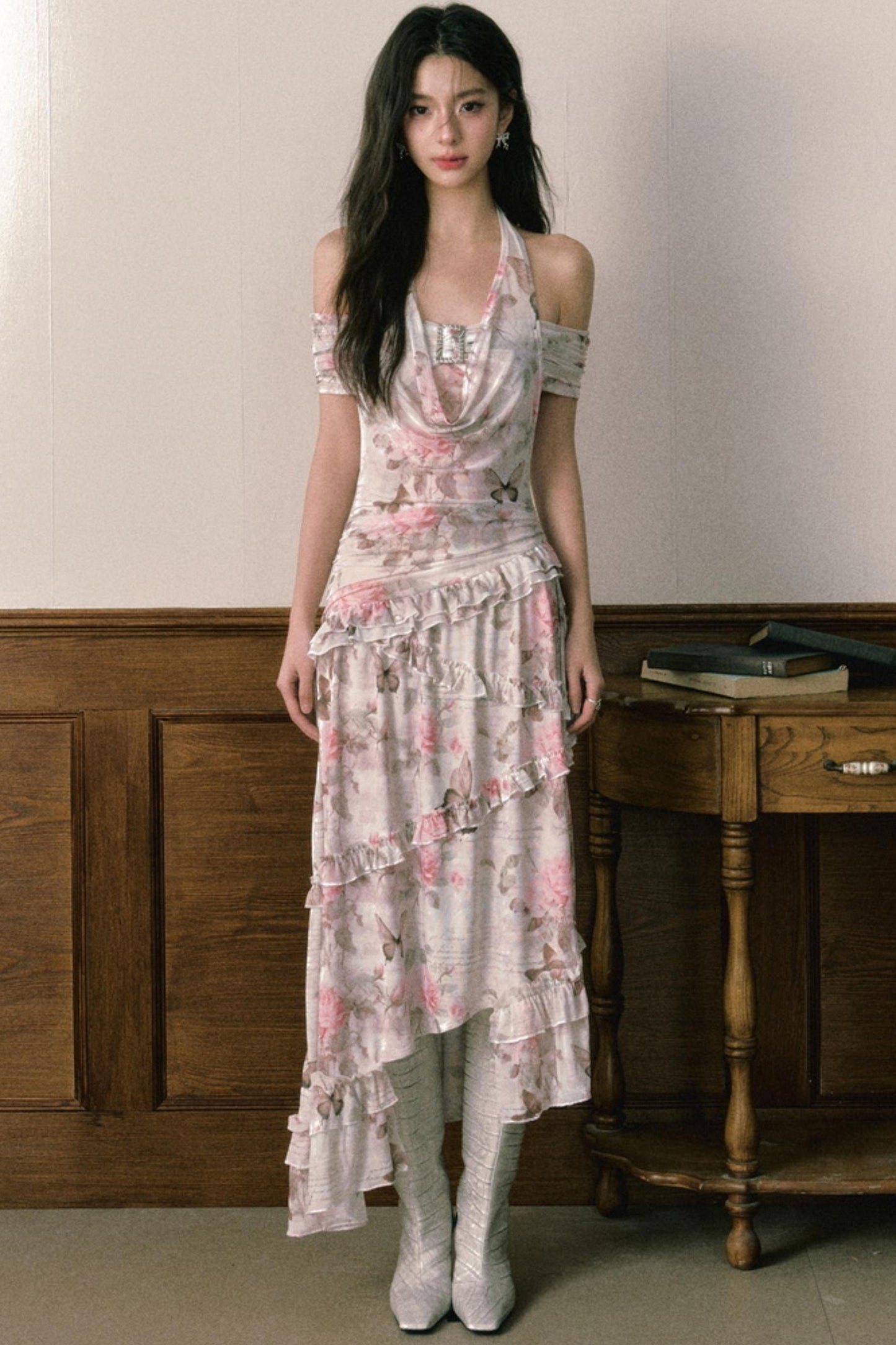 Rose Butterfly One Shoulder Mesh Dress