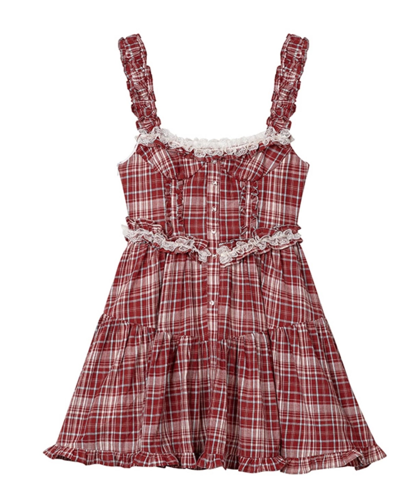 Pink Plaid Ruffle Lace Cami Dress