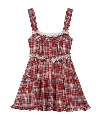 Pink Plaid Ruffle Lace Cami Dress