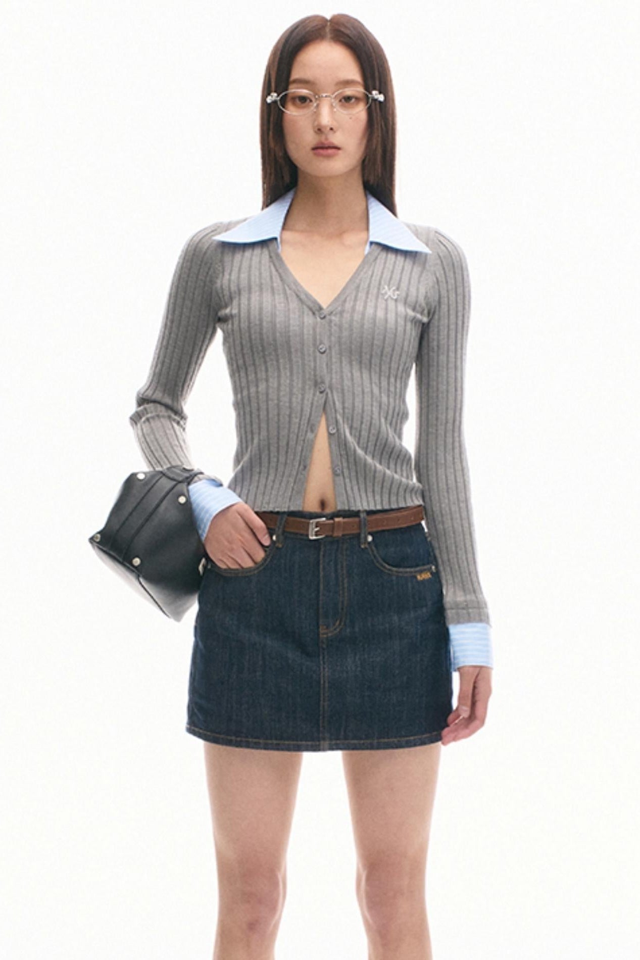 Gray Fake Layered Knit Top