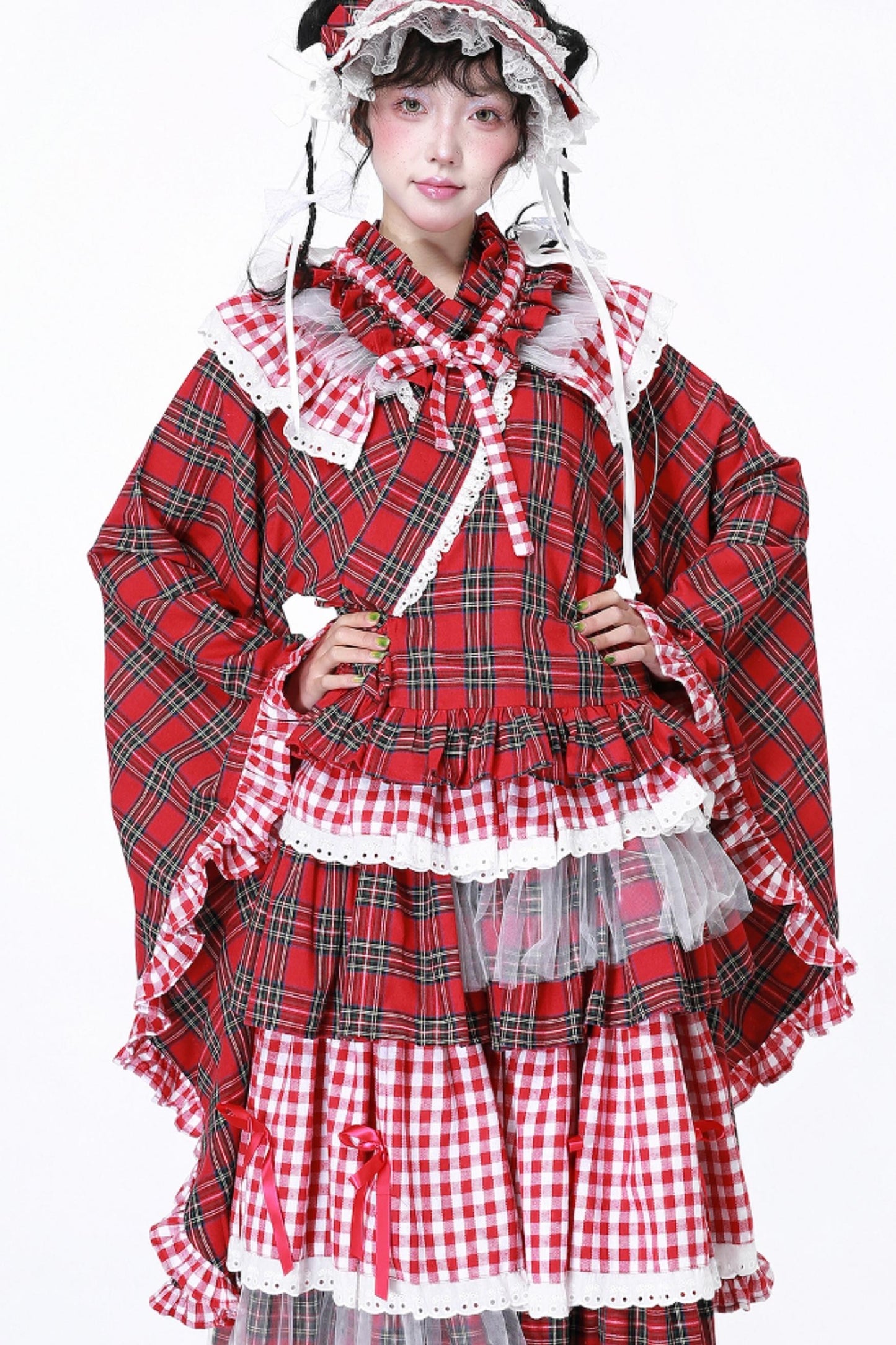 Red Plaid Kimono-Style Yukata Top