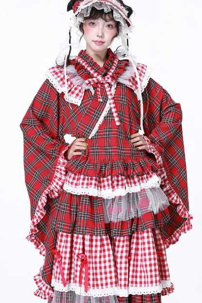 Red Plaid Kimono-Style Yukata Top