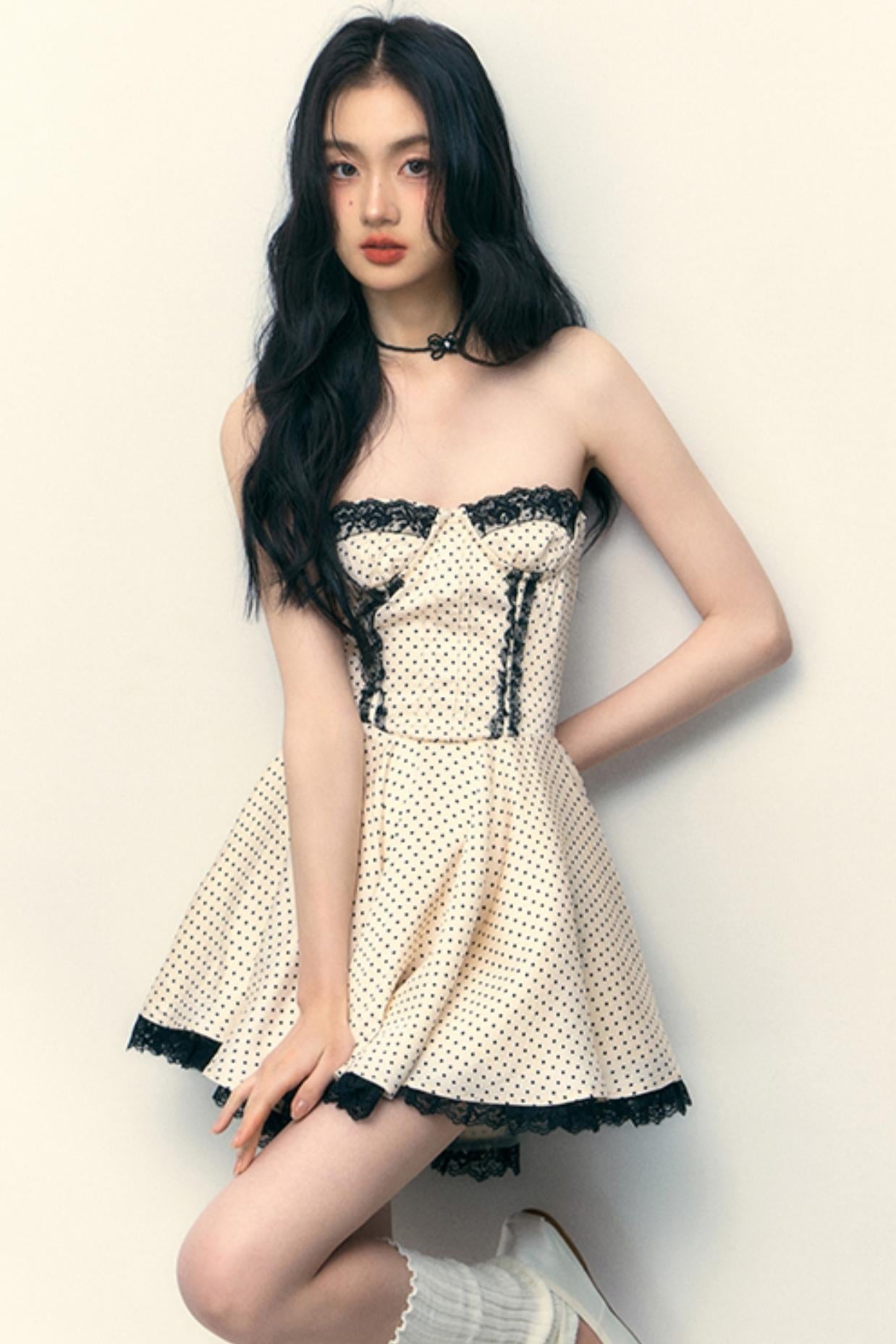 Satin Dot Lace Puff Skirt Mini Dress