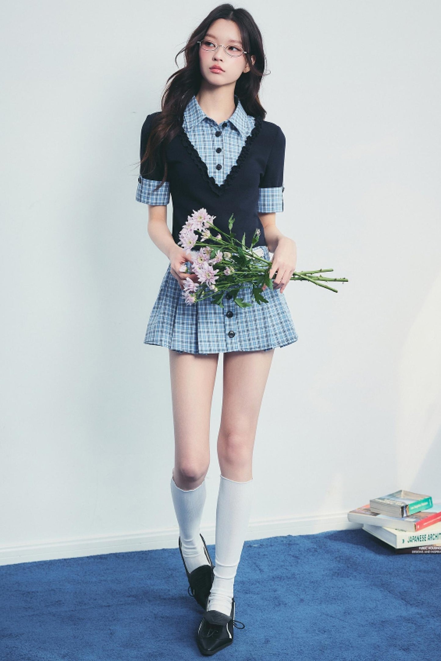 Checked Polo Shirt And Pleated Skirt Set-Up