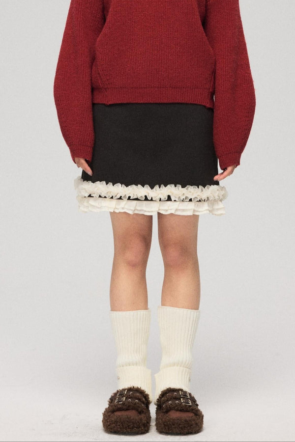 Brown Gray Lace Trim Skirt