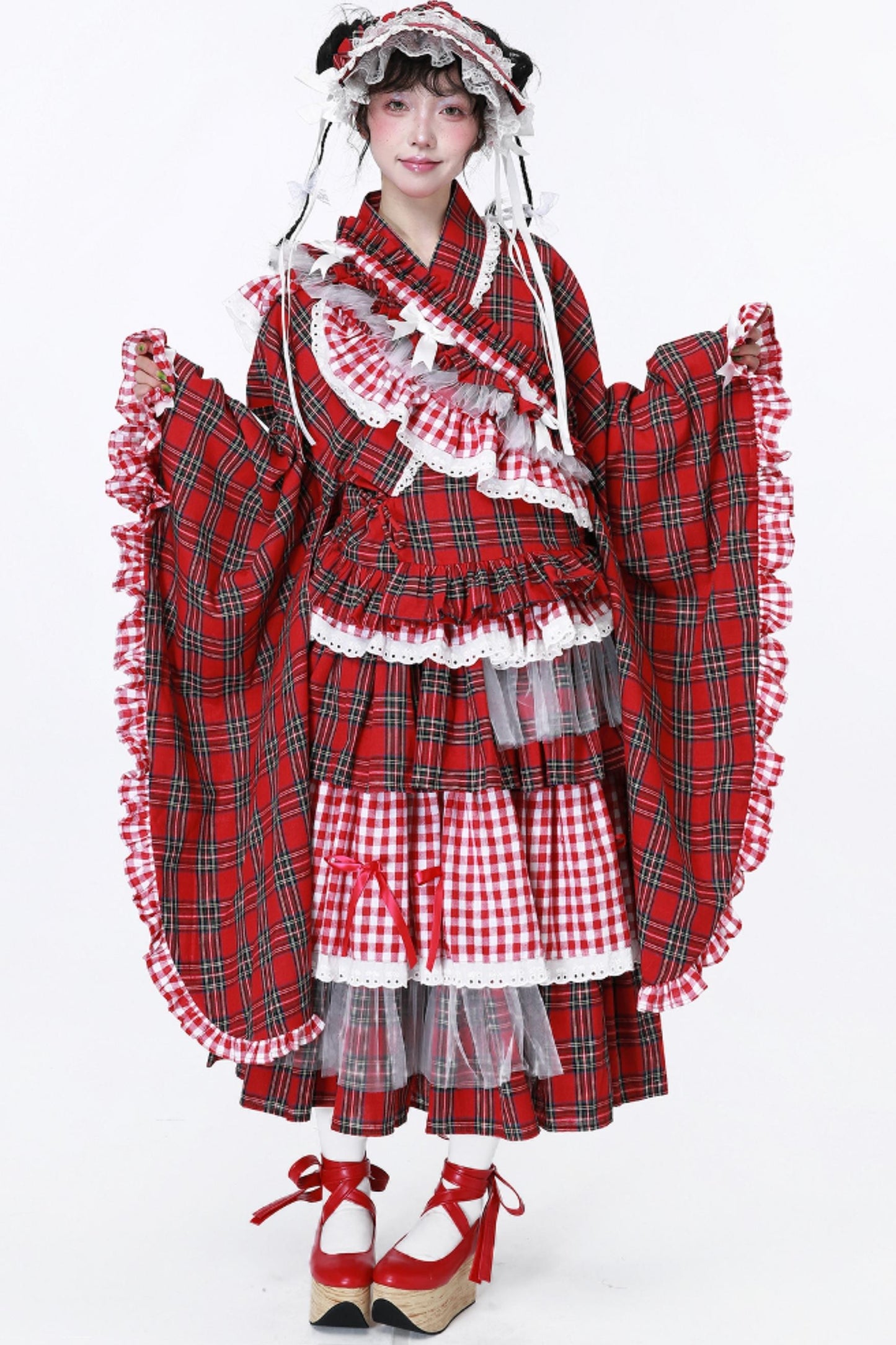 Red Plaid Kimono-Style Yukata Top