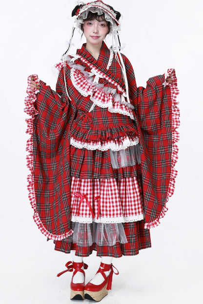 Red Plaid Kimono-Style Yukata Top