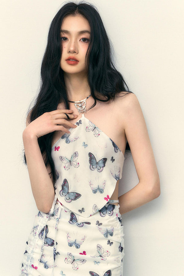 Butterfly Bloom Halter Drawstring Skirt Set-Up