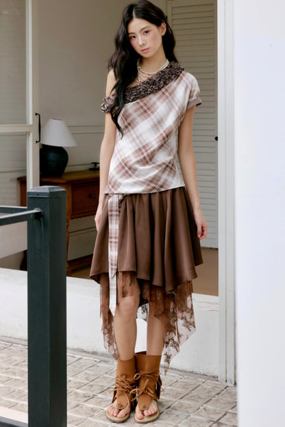 Brown Lace Asymmetrical Skirt