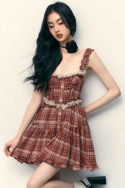 Pink Plaid Ruffle Lace Cami Dress