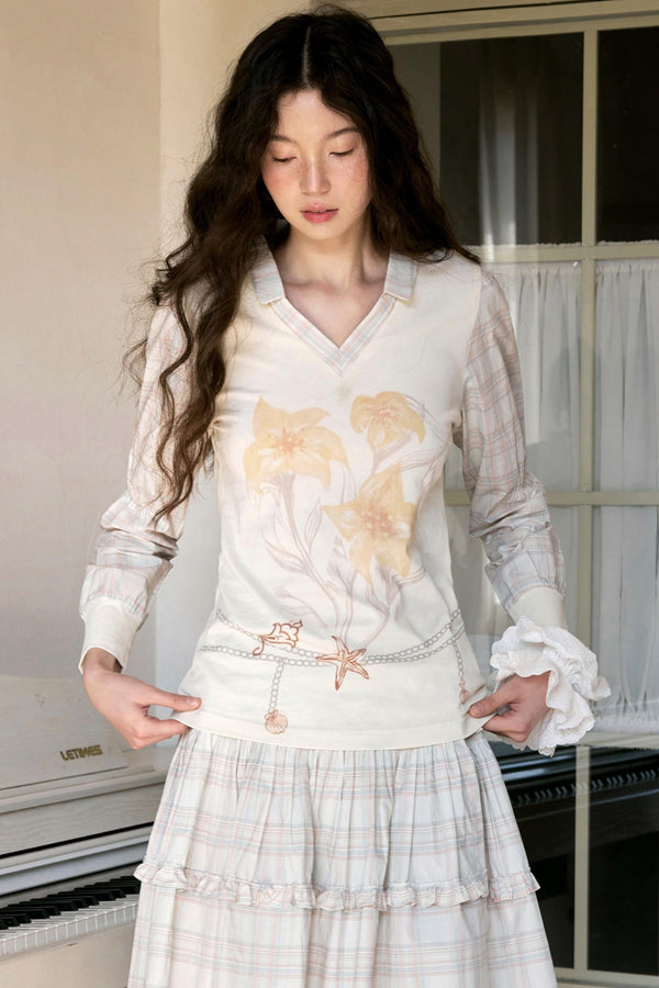 Apricot Patchwork V-Neck Polo & Skirt Set-Up