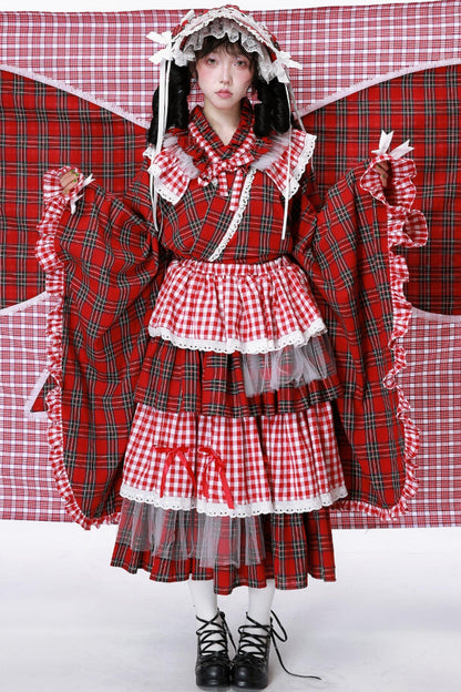 Red Plaid Kimono-Style Yukata Top