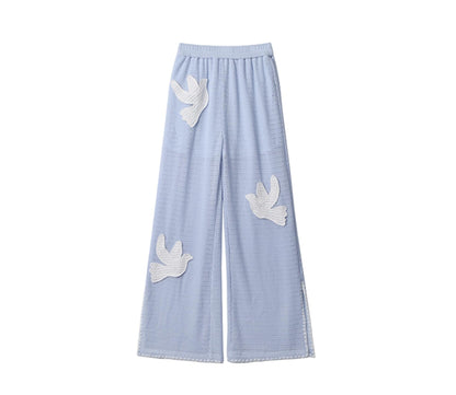 Sun Bird Embroidery Loose Knit Trousers
