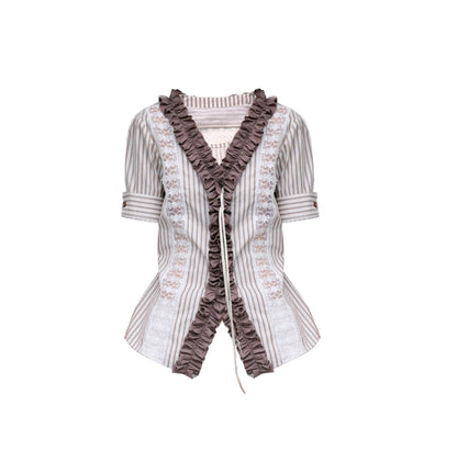 Brown Lace Trim Blouse