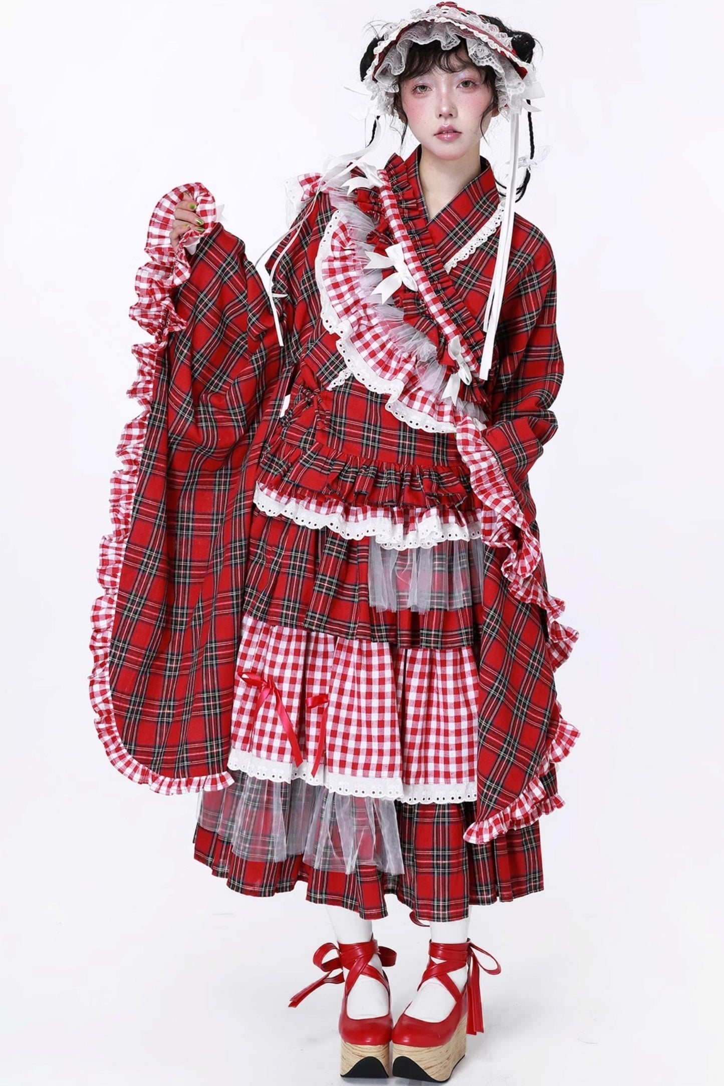 Red Plaid Kimono-Style Yukata Top