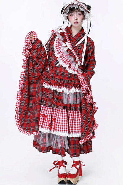 Red Plaid Kimono-Style Yukata Top