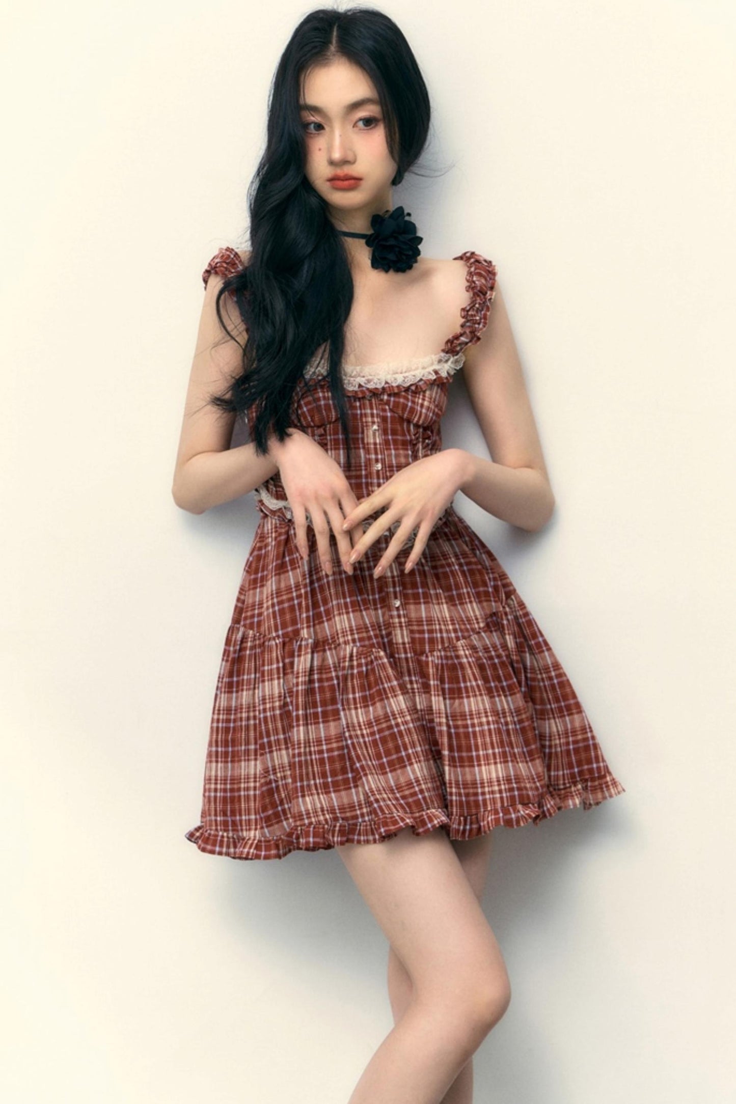 Pink Plaid Ruffle Lace Cami Dress