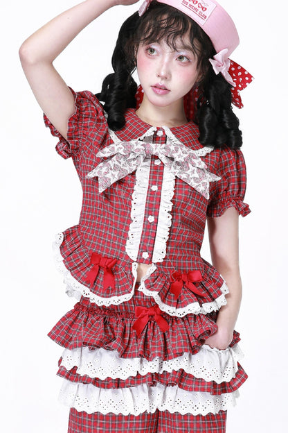 Red Gingham Showa Style Shirt