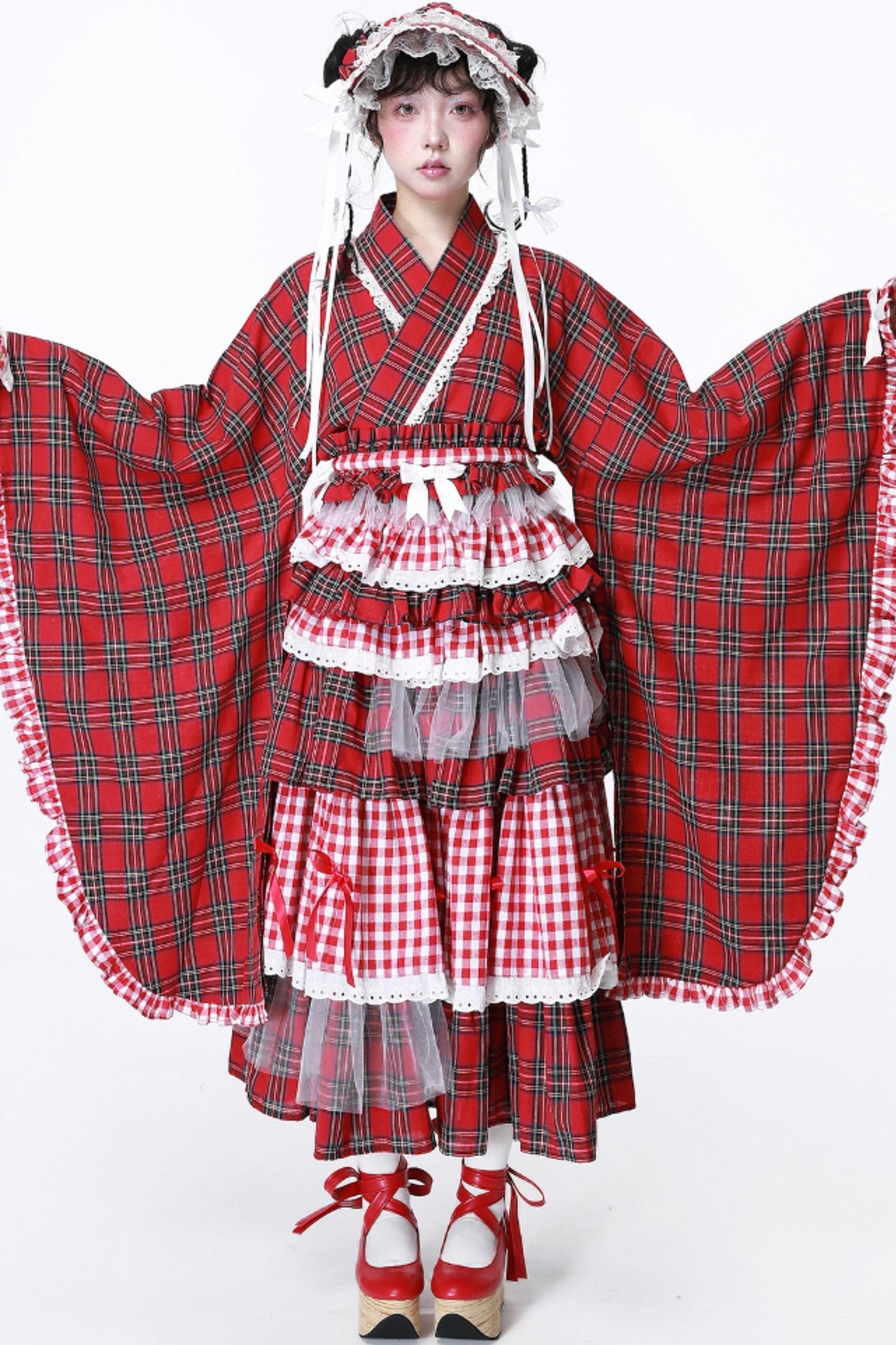 Red Plaid Kimono-Style Yukata Top