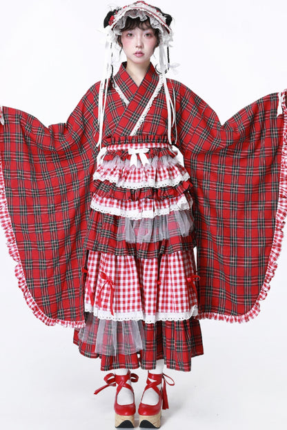 Red Plaid Kimono-Style Yukata Top