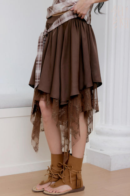 Brown Lace Asymmetrical Skirt