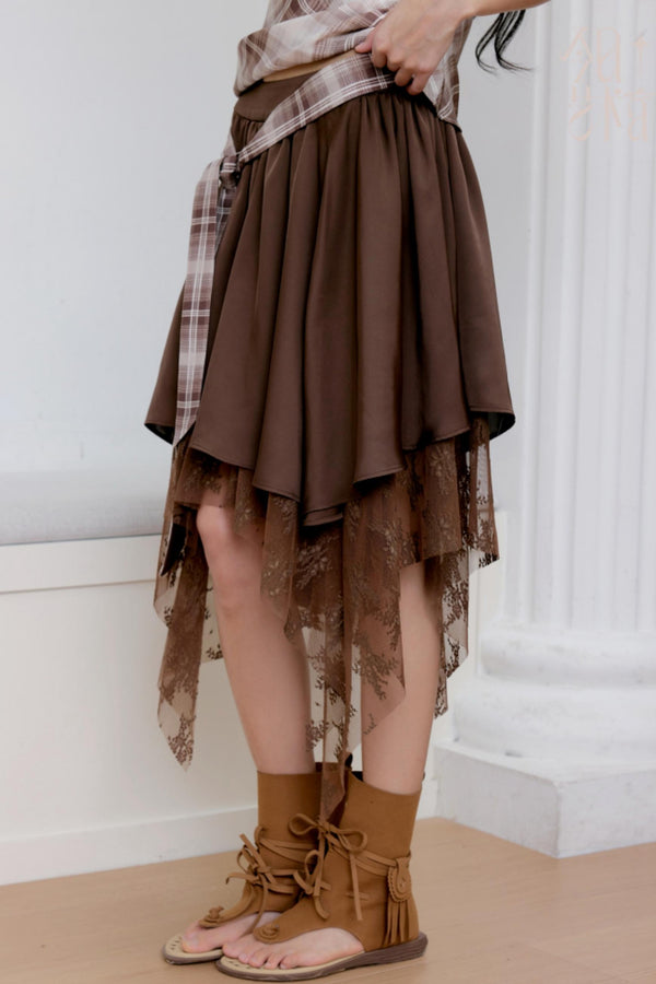 Brown Lace Asymmetrical Skirt