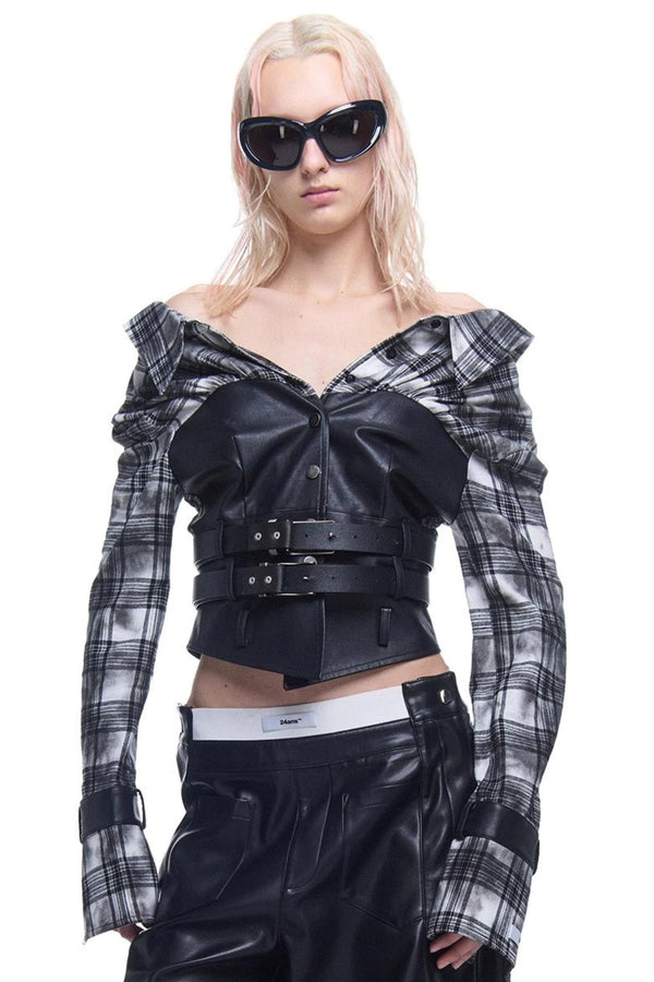 High-Waist Plaid Splice Top