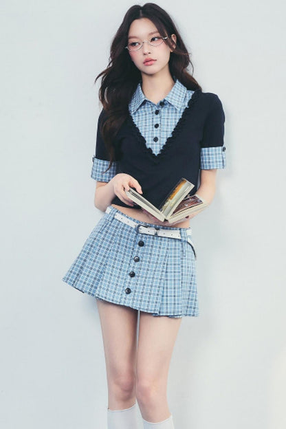Checked Polo Shirt And Pleated Skirt Set-Up