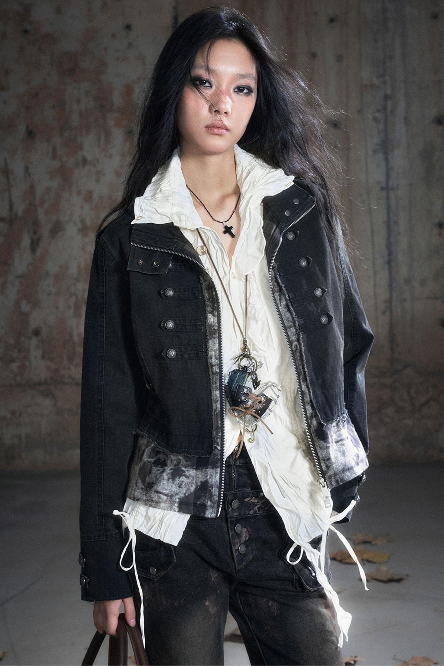 Stand Collar Distressed Patchwork Jacket