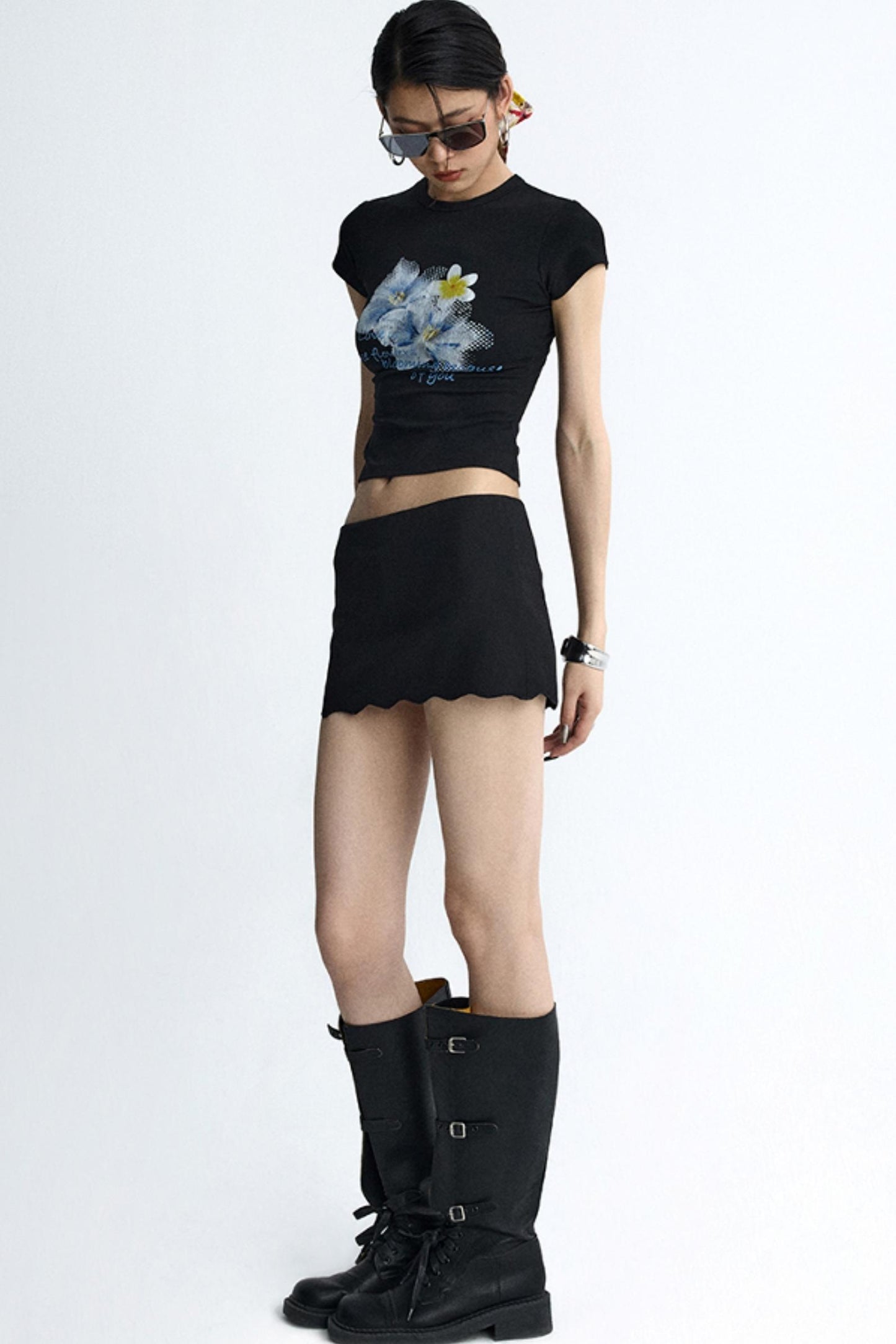 Retro Black Floral Crop T-Shirt