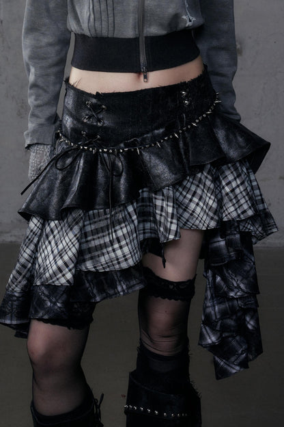 Dark Retro Plaid Leather Skirt