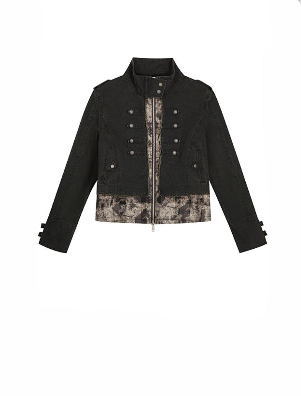 Stand Collar Distressed Patchwork Jacket