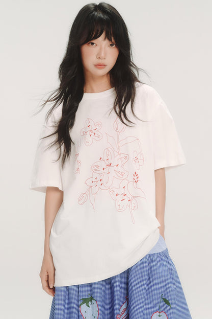 Cherry Blossom Embroidered White T-Shirt