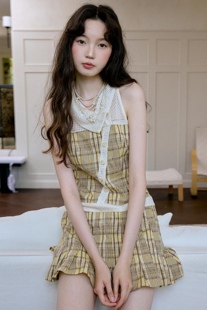 Bohemian Apricot Yellow Check Sleeveless Dress