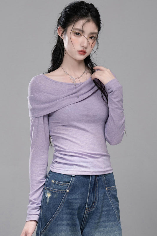 Diagonal Silhouette Long Sleeve Knit Top