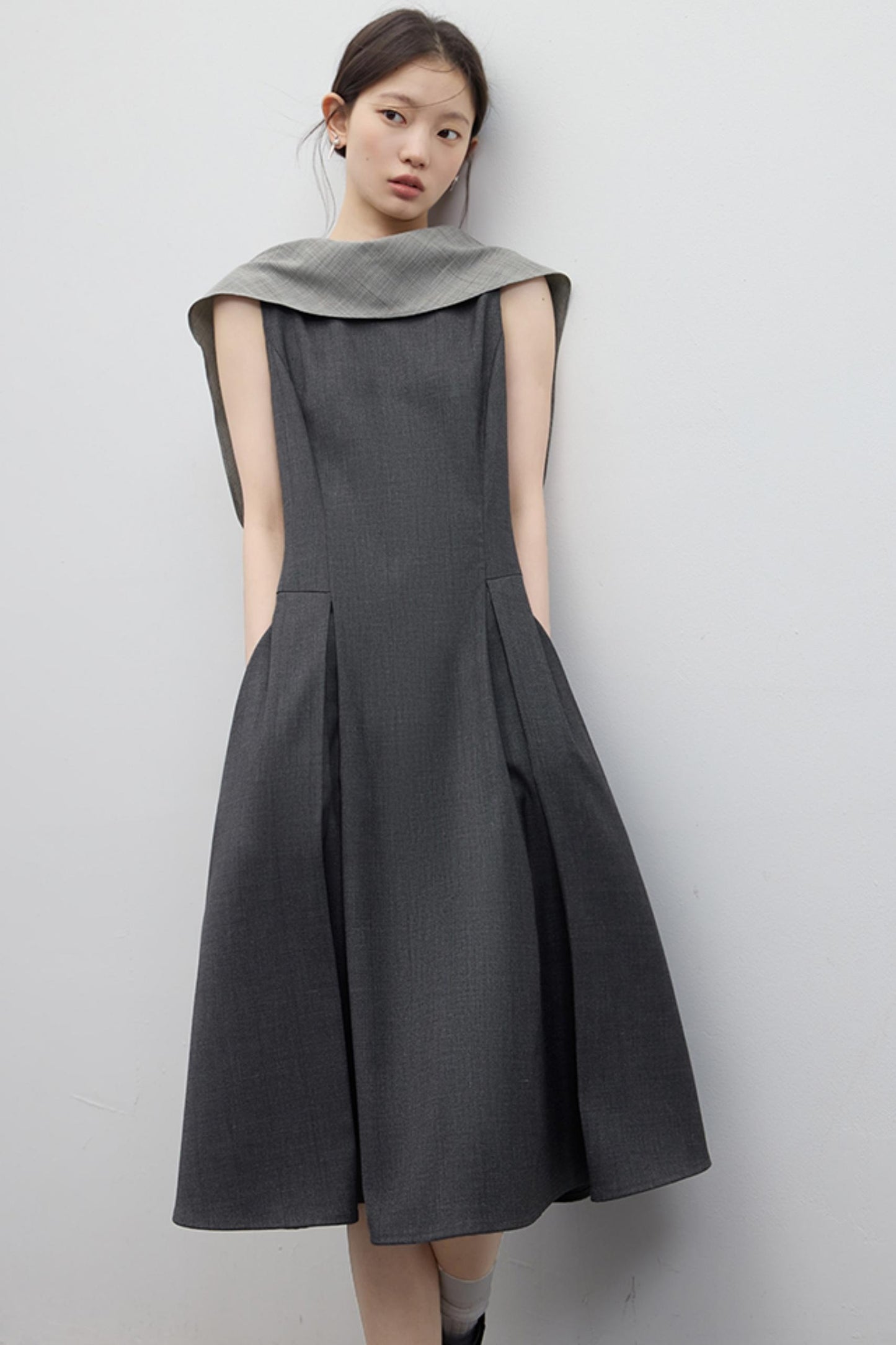 Gray Pleated Slim Fit Dress