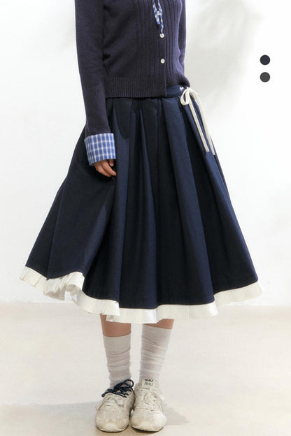 Contrast Layered Knit Pleated Skirt Set-Up