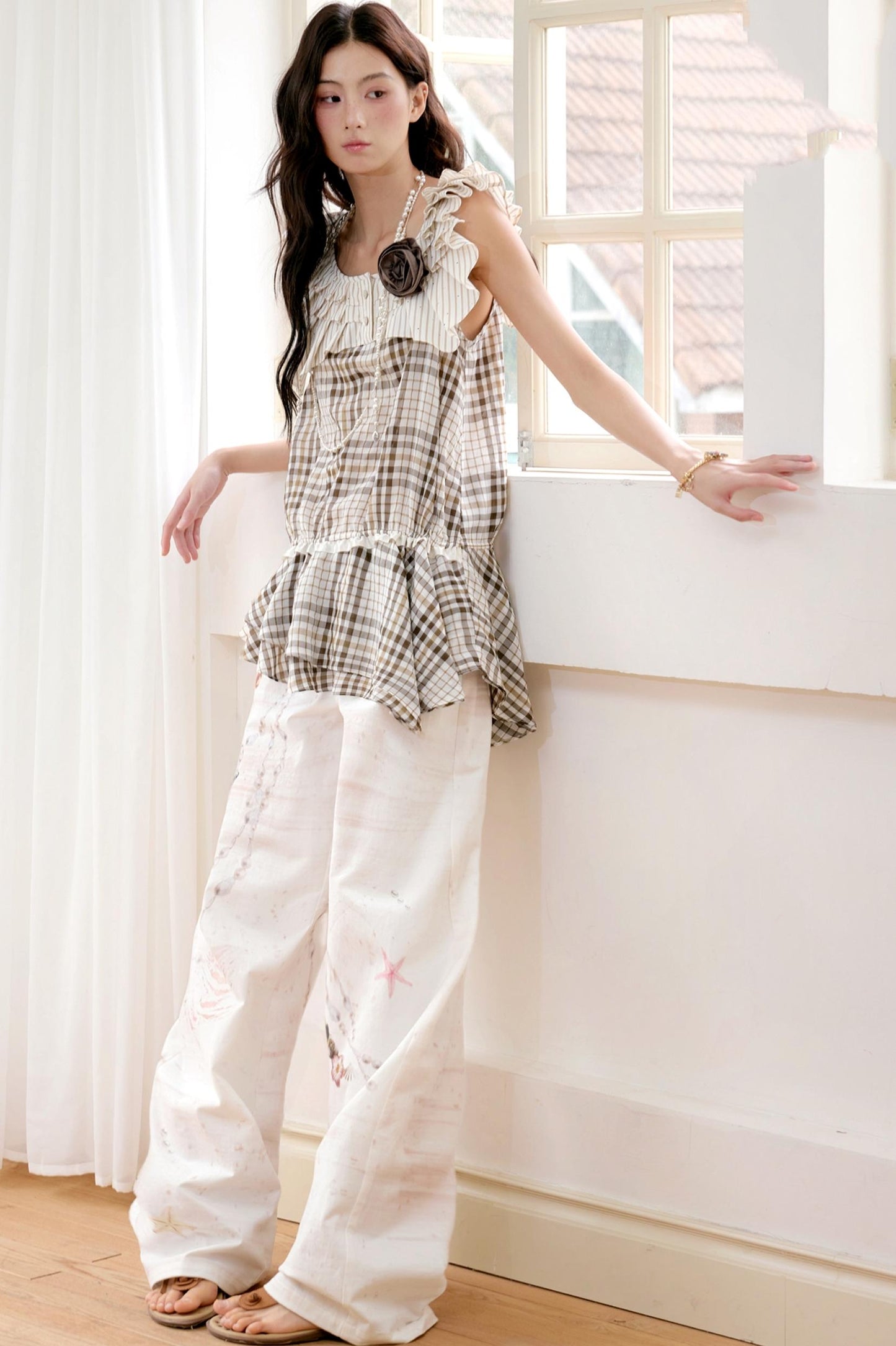 Coffee Check Striped Ruffled Collar Top