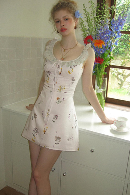 White Floral Ruffled Square Neck A-Line Slip Dress