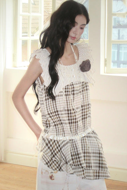 Coffee Check Striped Ruffled Collar Top