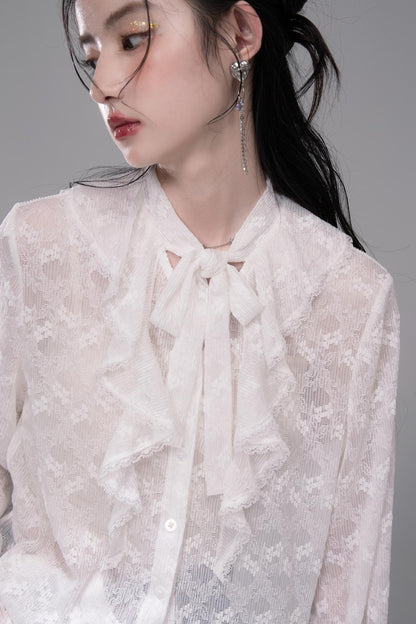 White Cloud Gauze Ruffled Shirt Set-Up