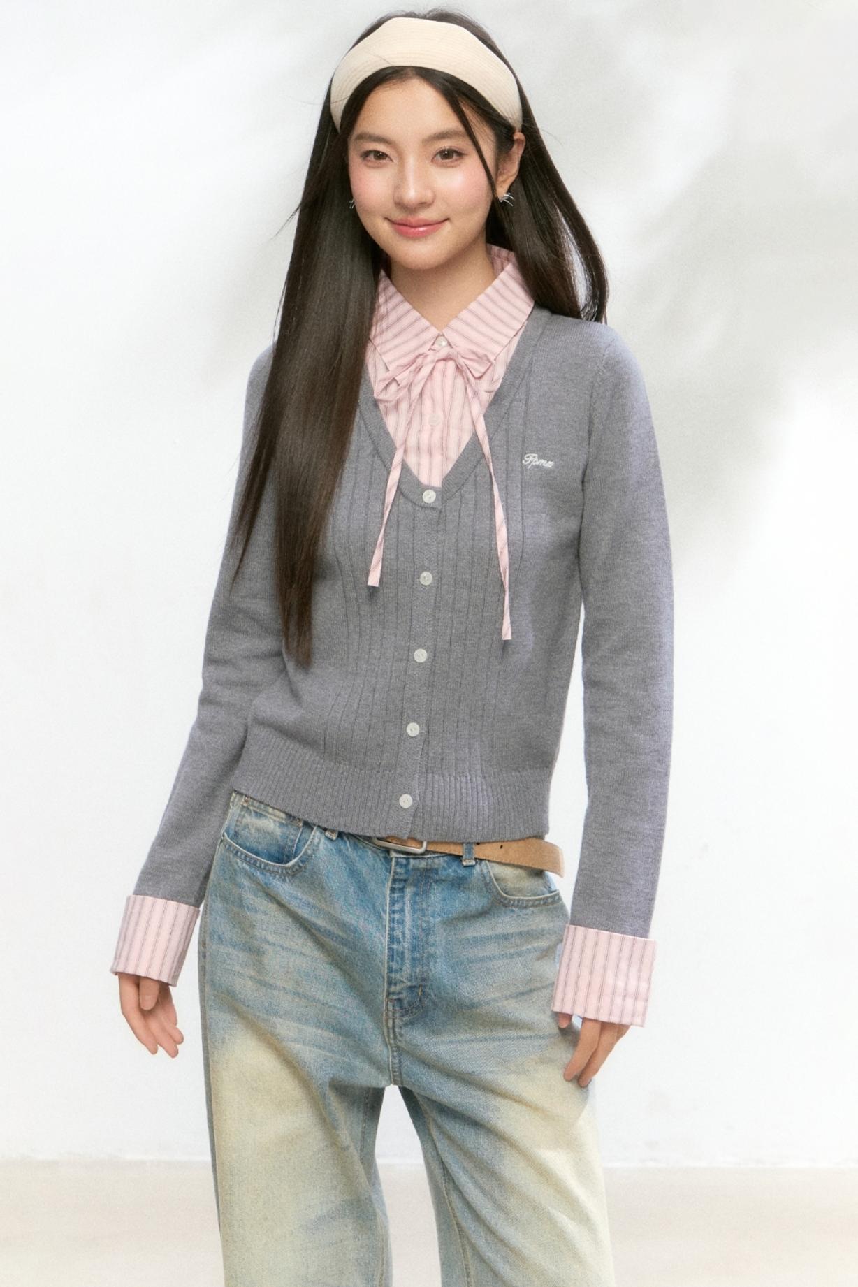 Contrast Layered Knit Pleated Skirt Set-Up