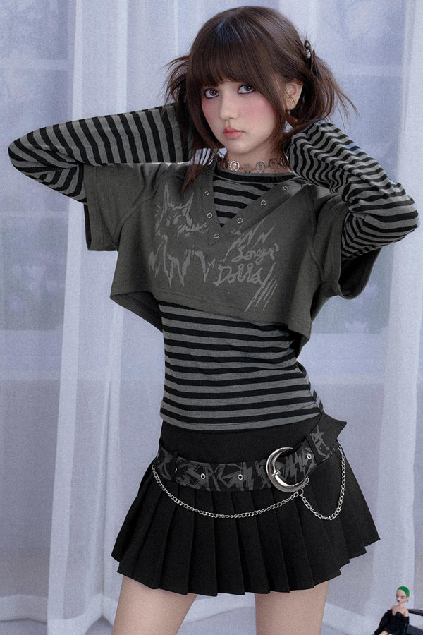 Furry Gray Striped Hooded Two-Piece Set-Up